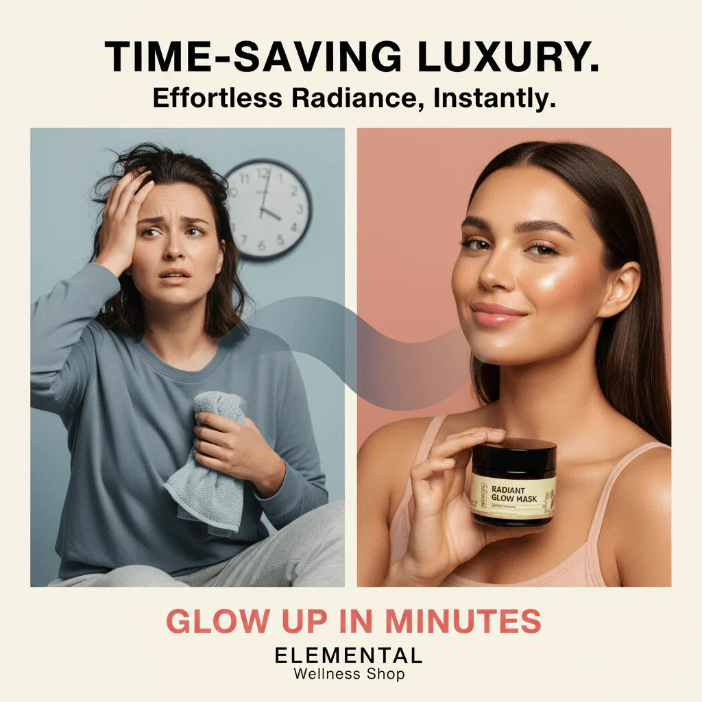 Before and after of woman using radiant glow mask skincare for effortless, instant radiance.