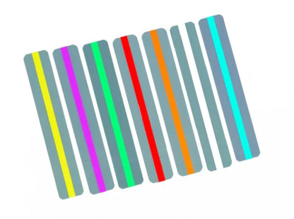 Colorful sensory activity sticks with bright stripes for kids, arranged on white background