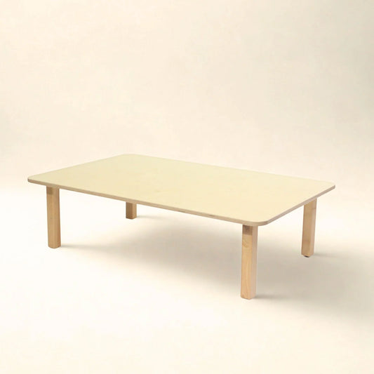 Rectangle wooden toddler table with light finish and rounded edges, sensory-friendly furniture