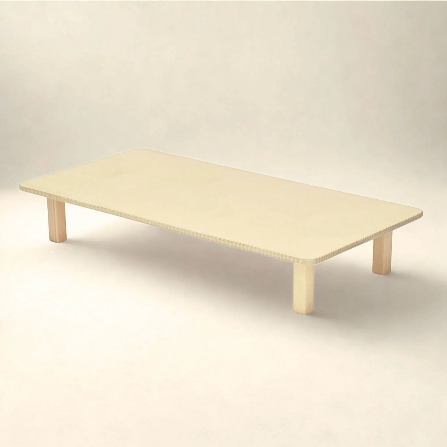Low rectangular wooden sensory table for infants with rounded edges