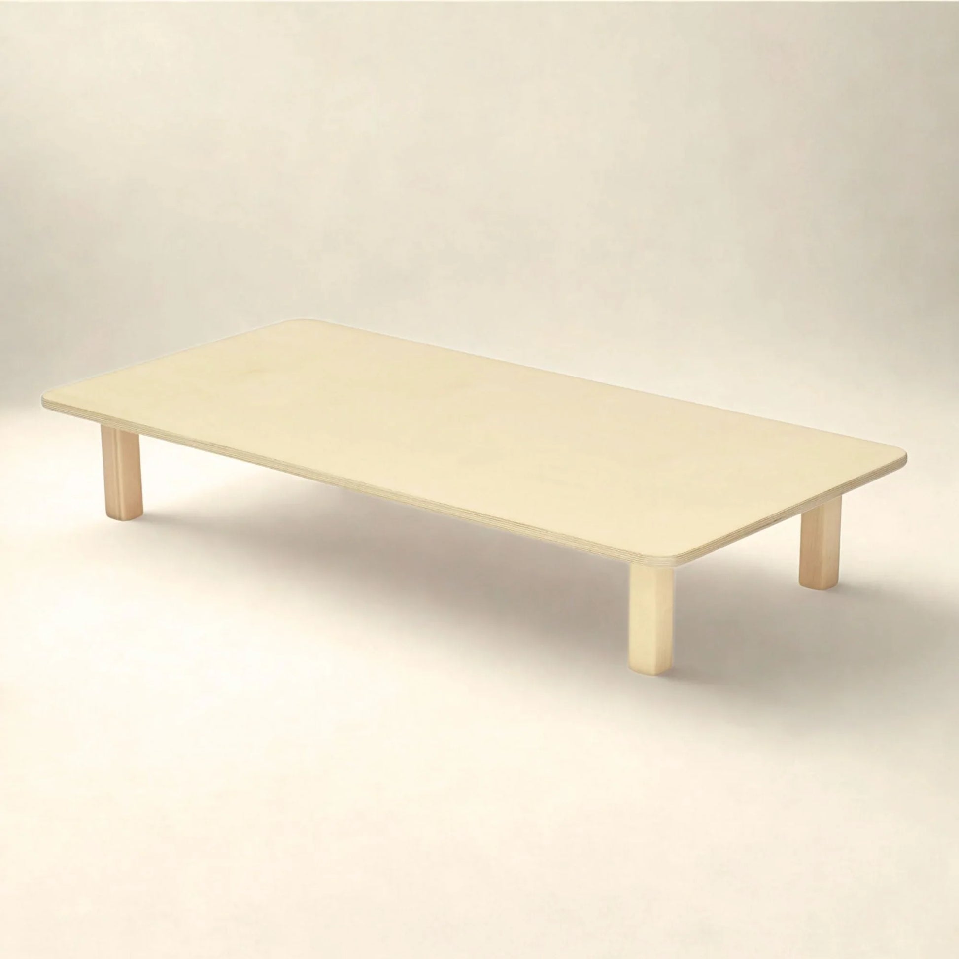 Low rectangular wooden sensory table for infants with rounded edges