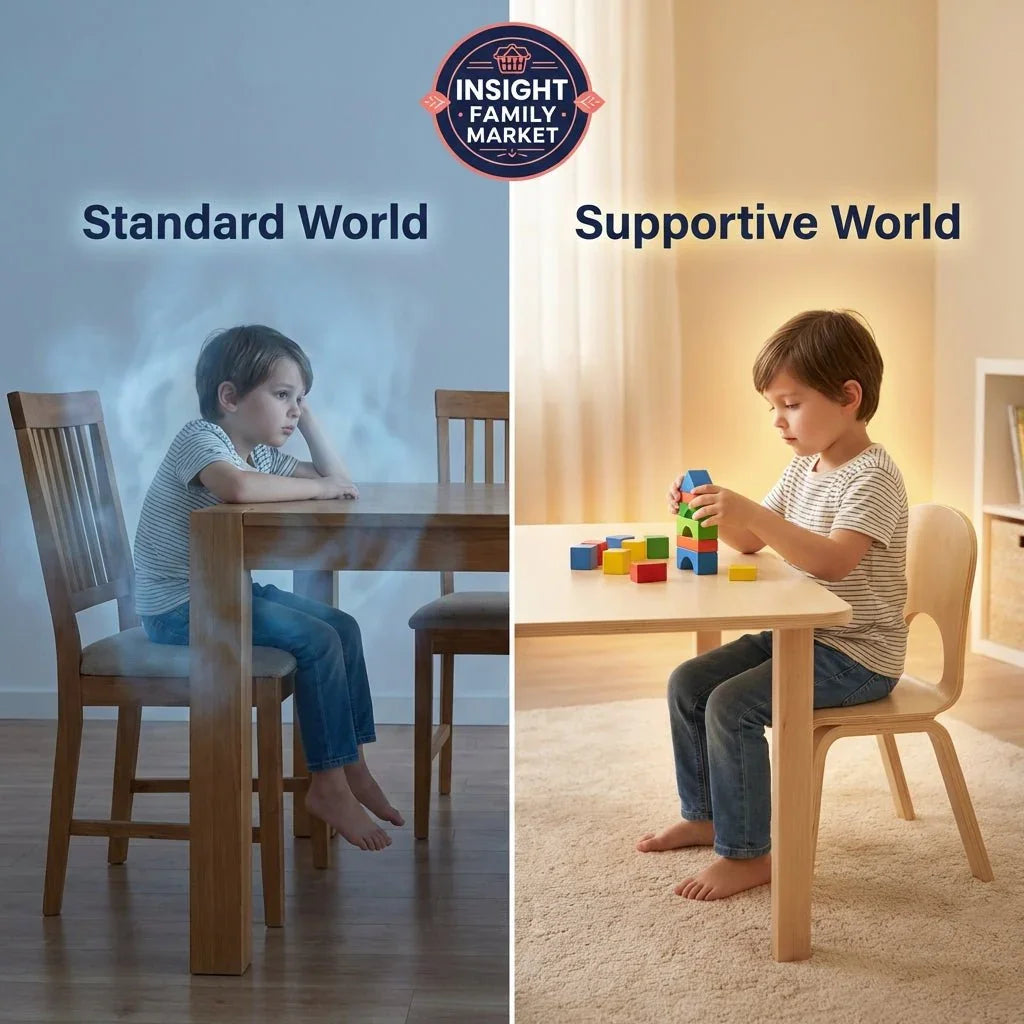 Child in striped shirt at two tables: standard furniture vs. sensory-friendly supportive furniture.