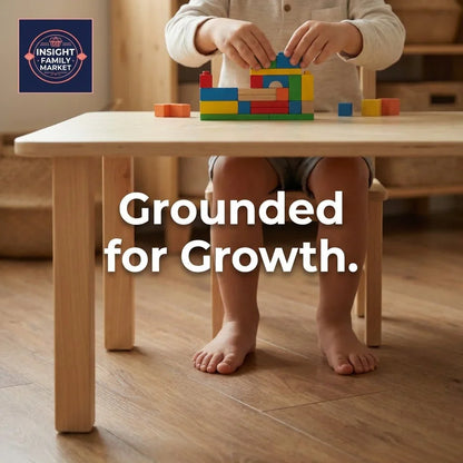 Young child building blocks at wooden table, promoting sensory-friendly learning tools.