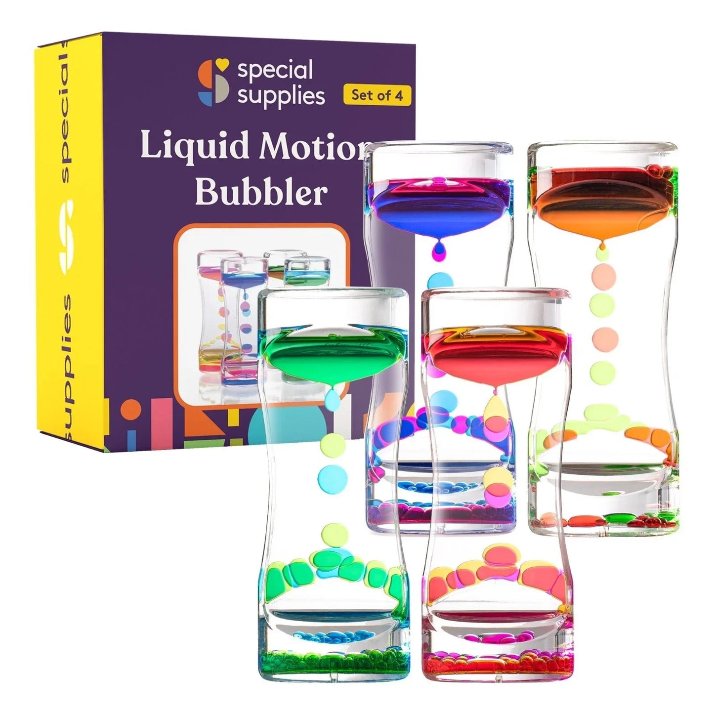 Set of four colorful liquid motion bubblers for sensory focus and calming support