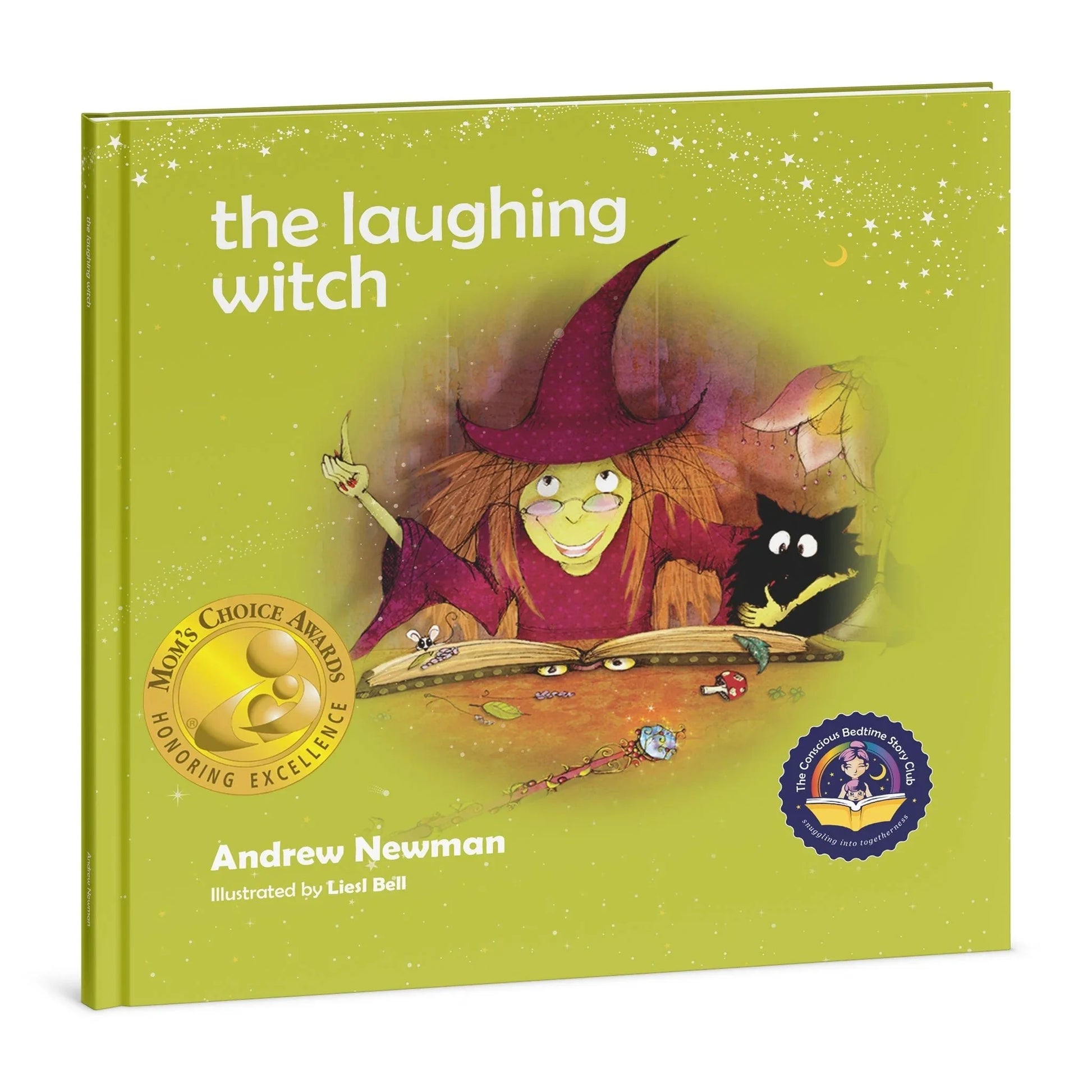 Children’s picture book cover titled 'The Laughing Witch,' featuring a smiling witch, a cat, award badges, and a magical background.