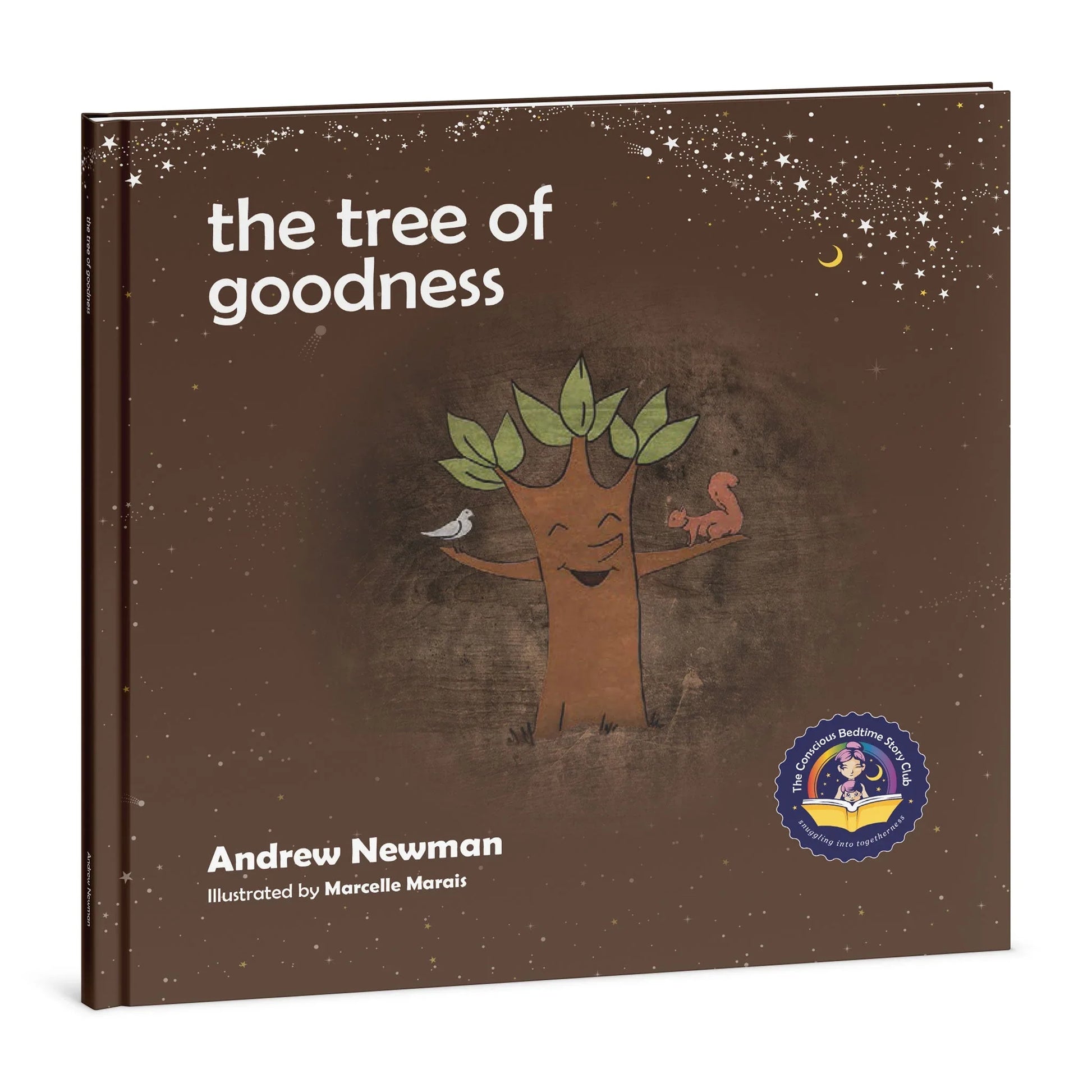 Children's book cover 'the tree of goodness' featuring a happy illustrated tree, bird, and squirrel.