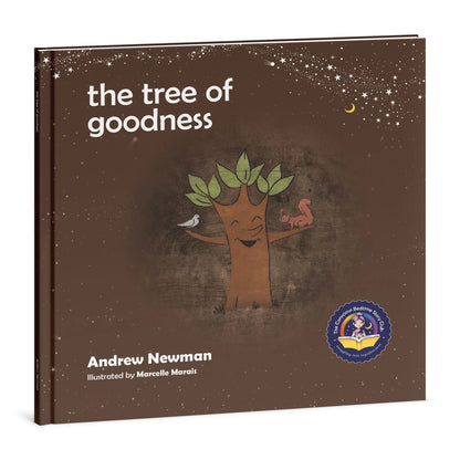 Children's book cover 'the tree of goodness' featuring a happy illustrated tree, bird, and squirrel.