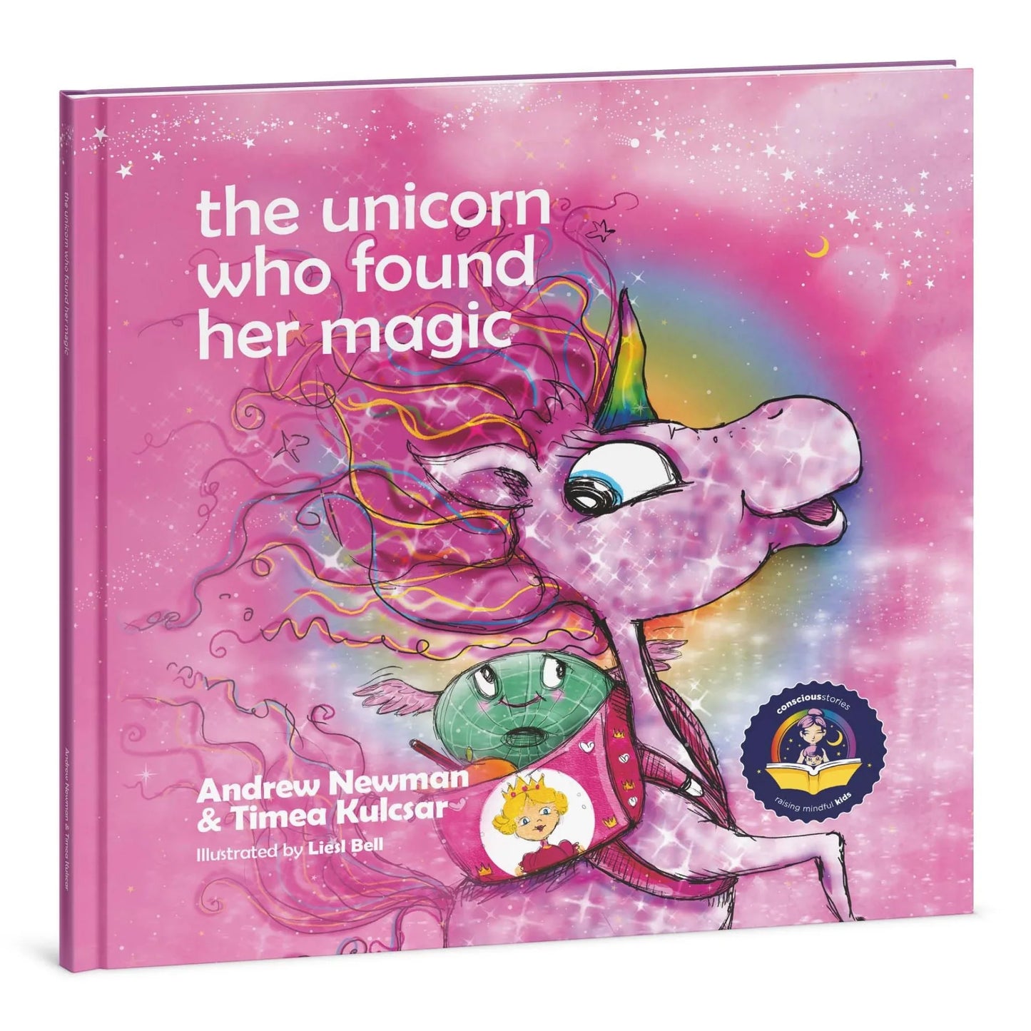Children’s book cover featuring a colorful unicorn on a pink, starry background