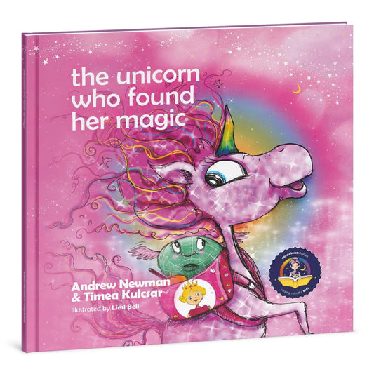 Children’s book cover featuring a colorful unicorn on a pink, starry background