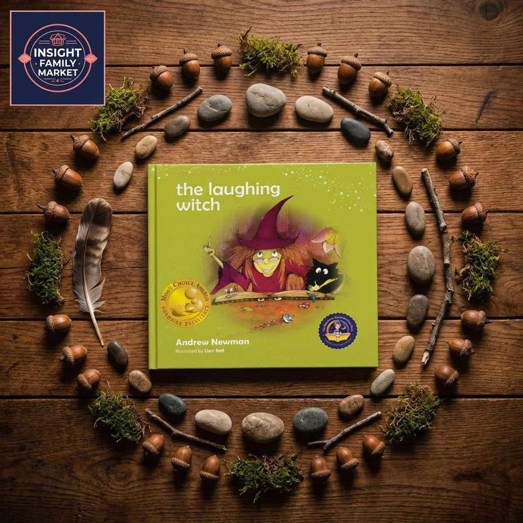 Children’s book The Laughing Witch by Andrew Newman on wooden table, surrounded by stones, acorns, and moss