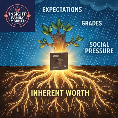 Illustrated tree in rain labeled with expectations, grades, social pressure, and inherent worth, featuring 'the tree of goodness' book.