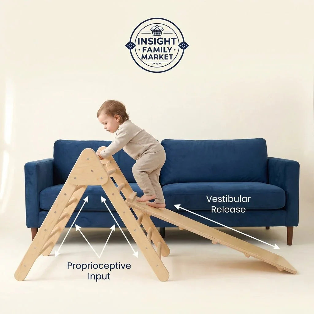 Toddler climbing wooden sensory play gym near blue couch, promoting neurodiverse support
