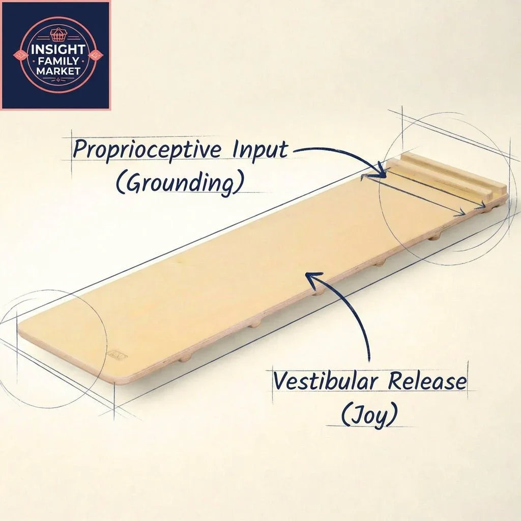 Wooden sensory board labeled for proprioceptive input grounding and vestibular release joy.
