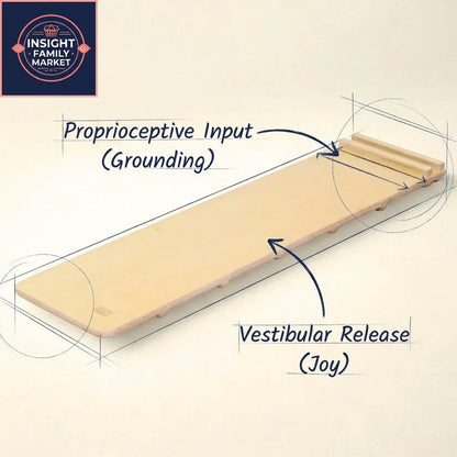 Wooden sensory board labeled for proprioceptive input grounding and vestibular release joy.