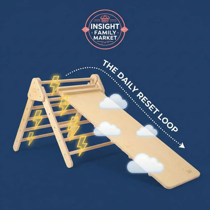 Wooden sensory climbing triangle with slide, clouds, and lightning graphics on blue background.