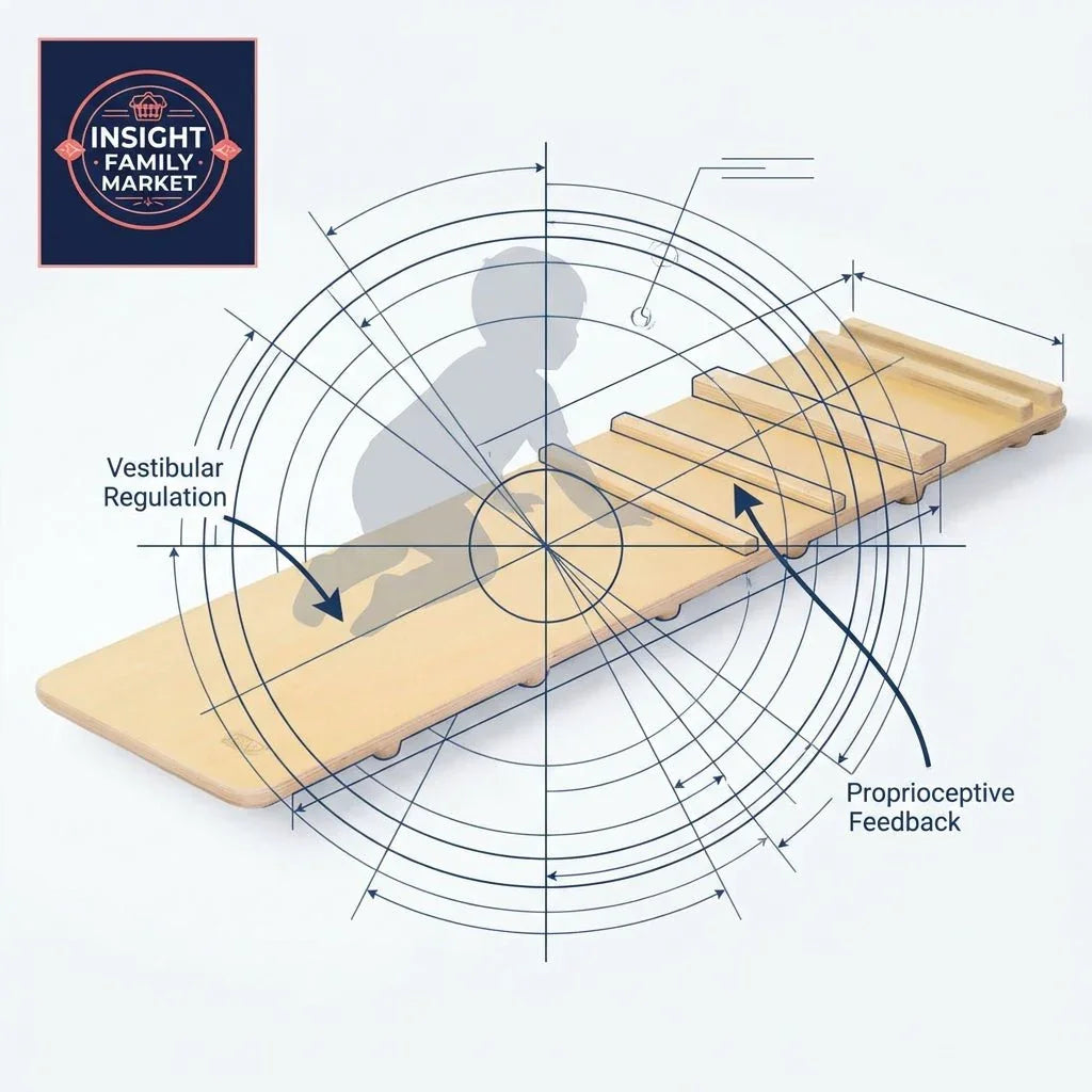 Wooden sensory balance board for vestibular regulation and proprioceptive feedback, child silhouette