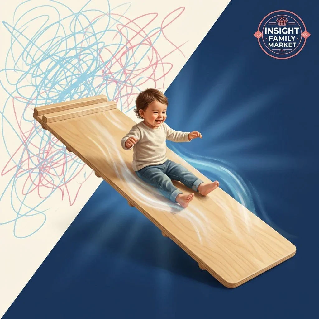 Smiling child sliding on wooden sensory board, illustrating calming sensory play for kids.