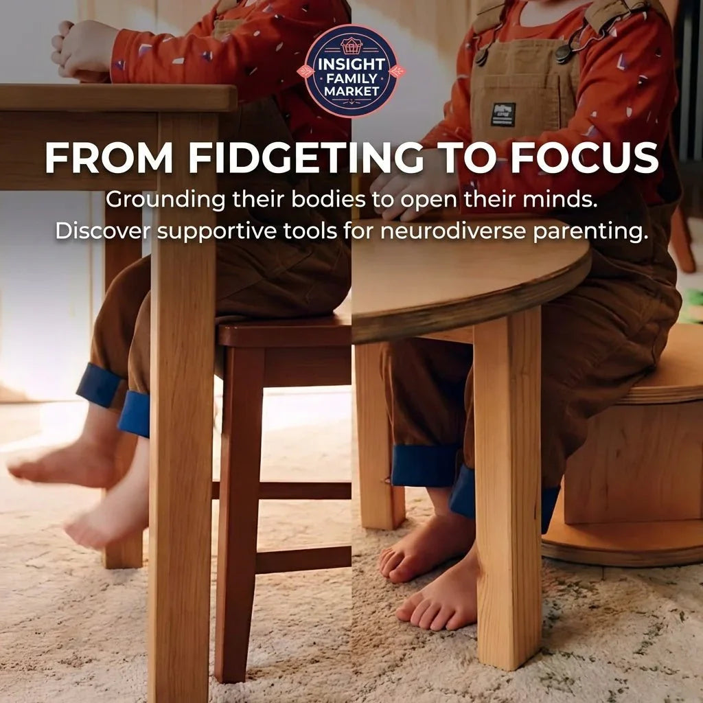 Child in sensory-friendly overalls at a wooden table, highlighting focus and neurodiverse support