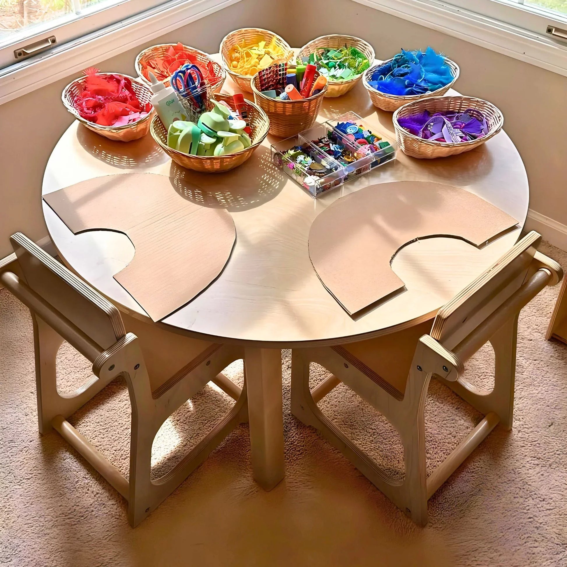 Round wooden preschool table with sensory activity baskets and two child chairs in sunlight
