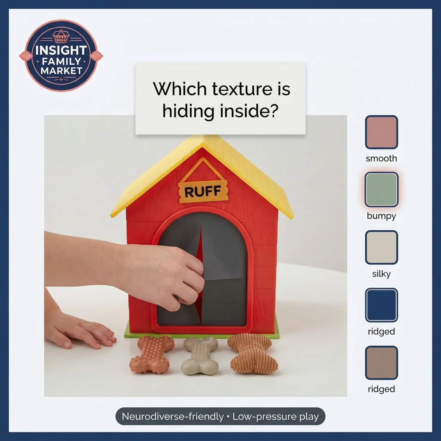 Red doghouse with 'RUFF' on top, hand reaching inside, and texture options displayed.