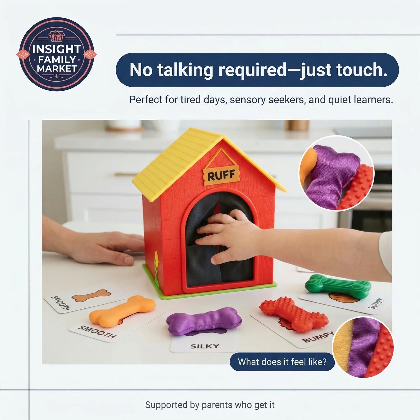 Toy doghouse with textured toys and text about touch play.