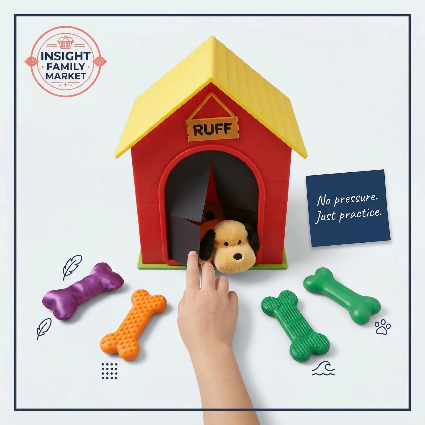 Colorful doghouse toy with a hand interacting with it, surrounded by bone-shaped toys on a white background.