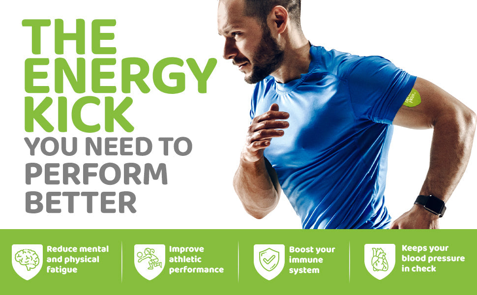 Man running with 'The Energy Kick' text and benefits listed on a green background