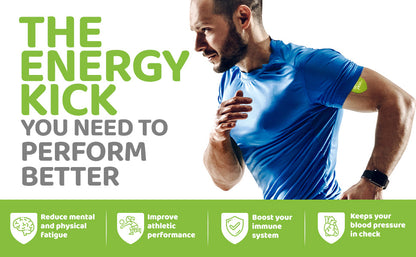 Man running with 'The Energy Kick' text and benefits listed on a green background