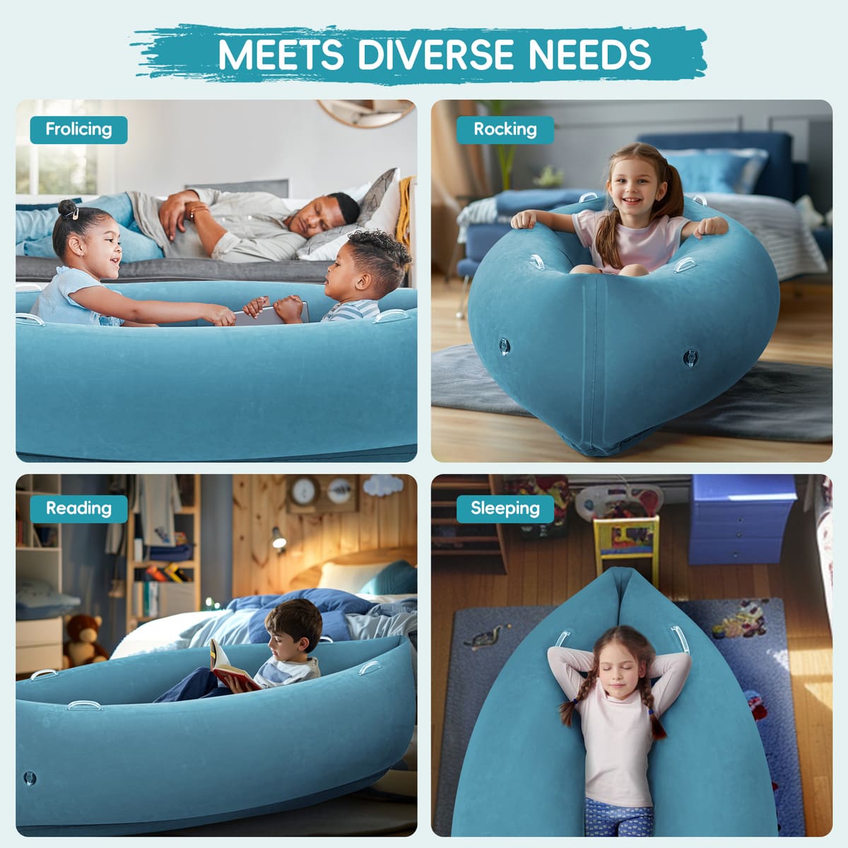 Children using blue bean bags for various activities in a bedroom setting.