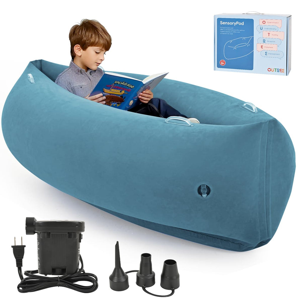 Inflatable blue pod with a child reading a book, pump, and accessories on a white background