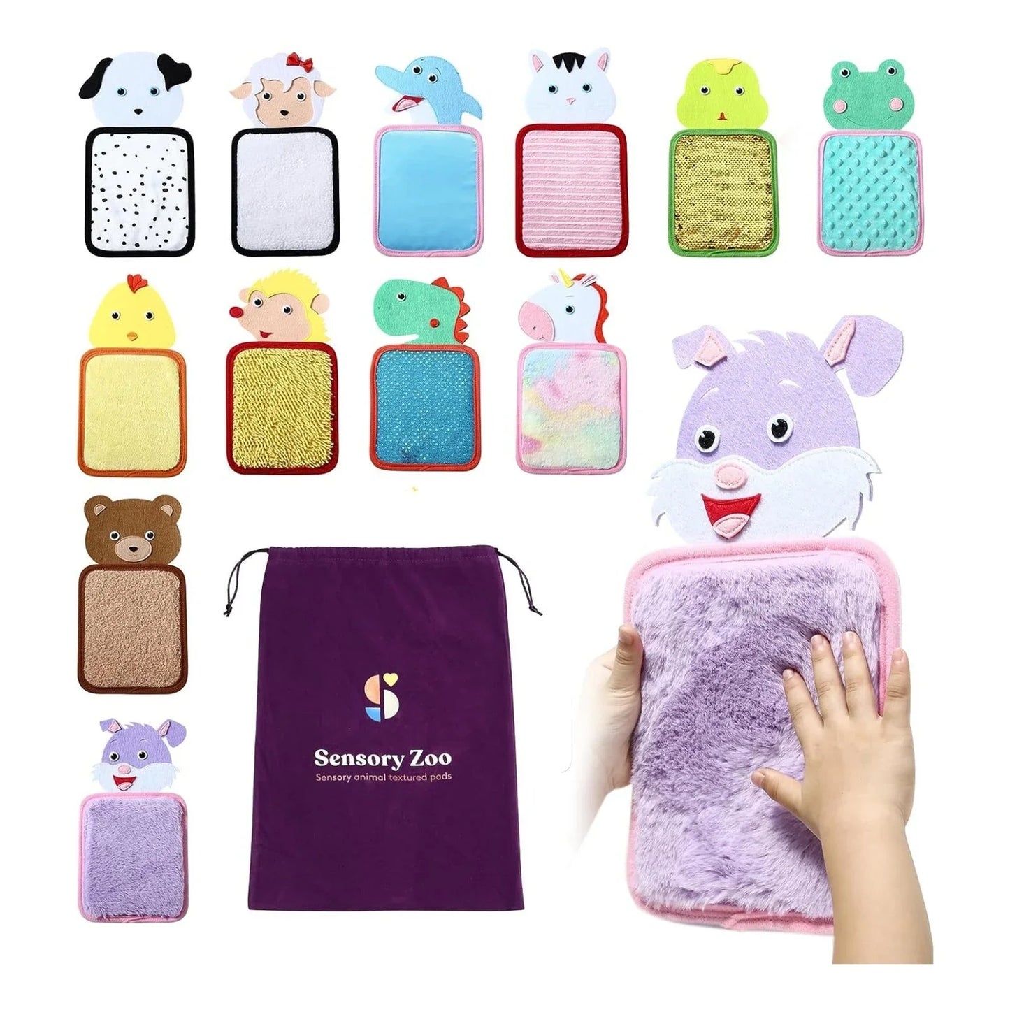 Sensory animal textured pads in various colors and animal shapes, with a drawstring storage bag and a child’s hand touching a soft purple bunny pad.