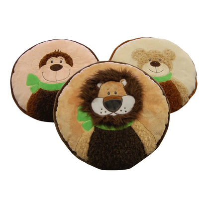 Three round animal face sensory pillows featuring a lion, monkey, and bear with green bows.