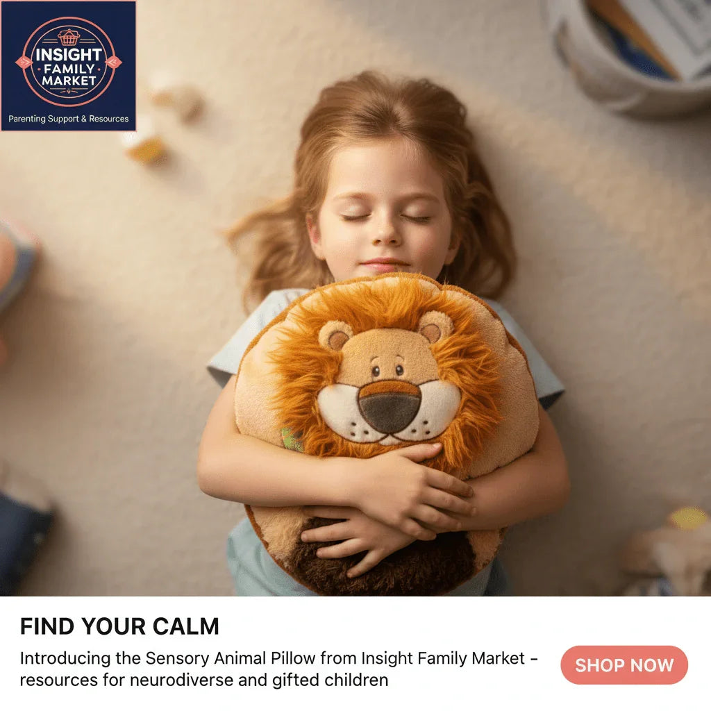 Child relaxing with sensory animal lion pillow, sensory-friendly comfort for neurodiverse kids