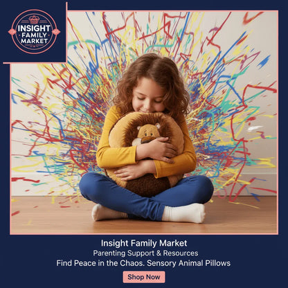 Child hugging sensory animal pillow with colorful sensory background, sensory-friendly product