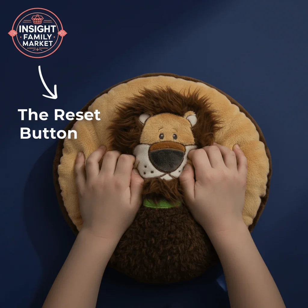 Child's hands pressing a plush sensory lion pillow labeled The Reset Button.
