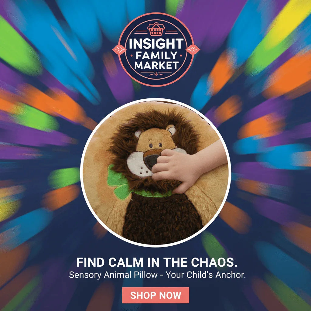 Child's hand touching a sensory lion pillow with vibrant, colorful blurred background