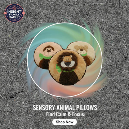 Three plush sensory animal pillows including a lion, monkey, and bear on a textured background