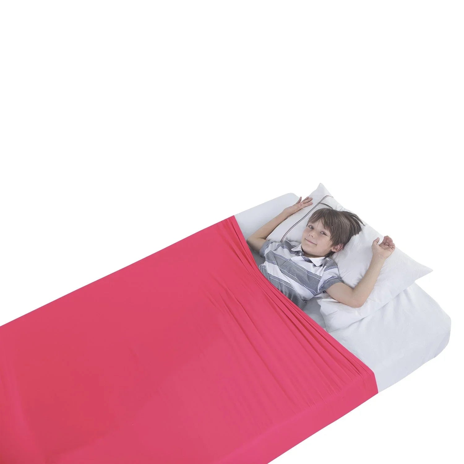 Child lying in bed with red sensory compression sheet, designed for calming sleep support
