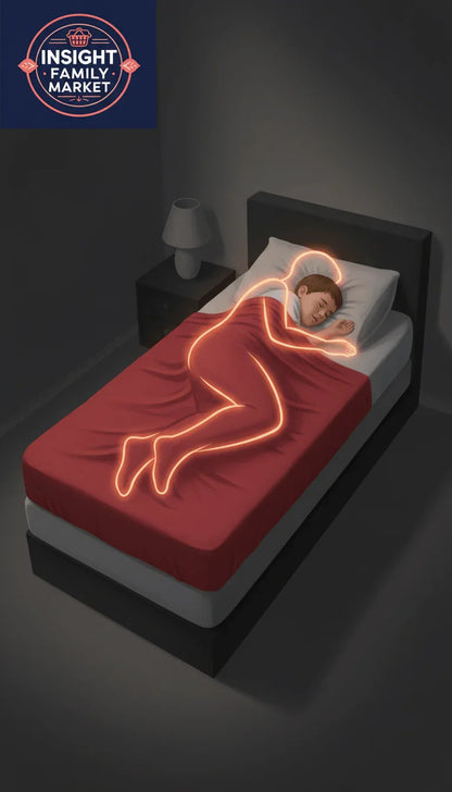 Child sleeping peacefully on bed under red blanket with glowing hug outline, sensory sleep support