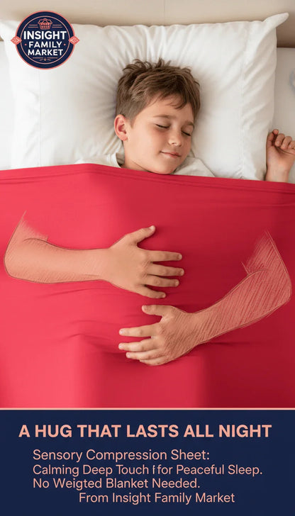 Child sleeping peacefully under red sensory compression sheet with hugging arm design