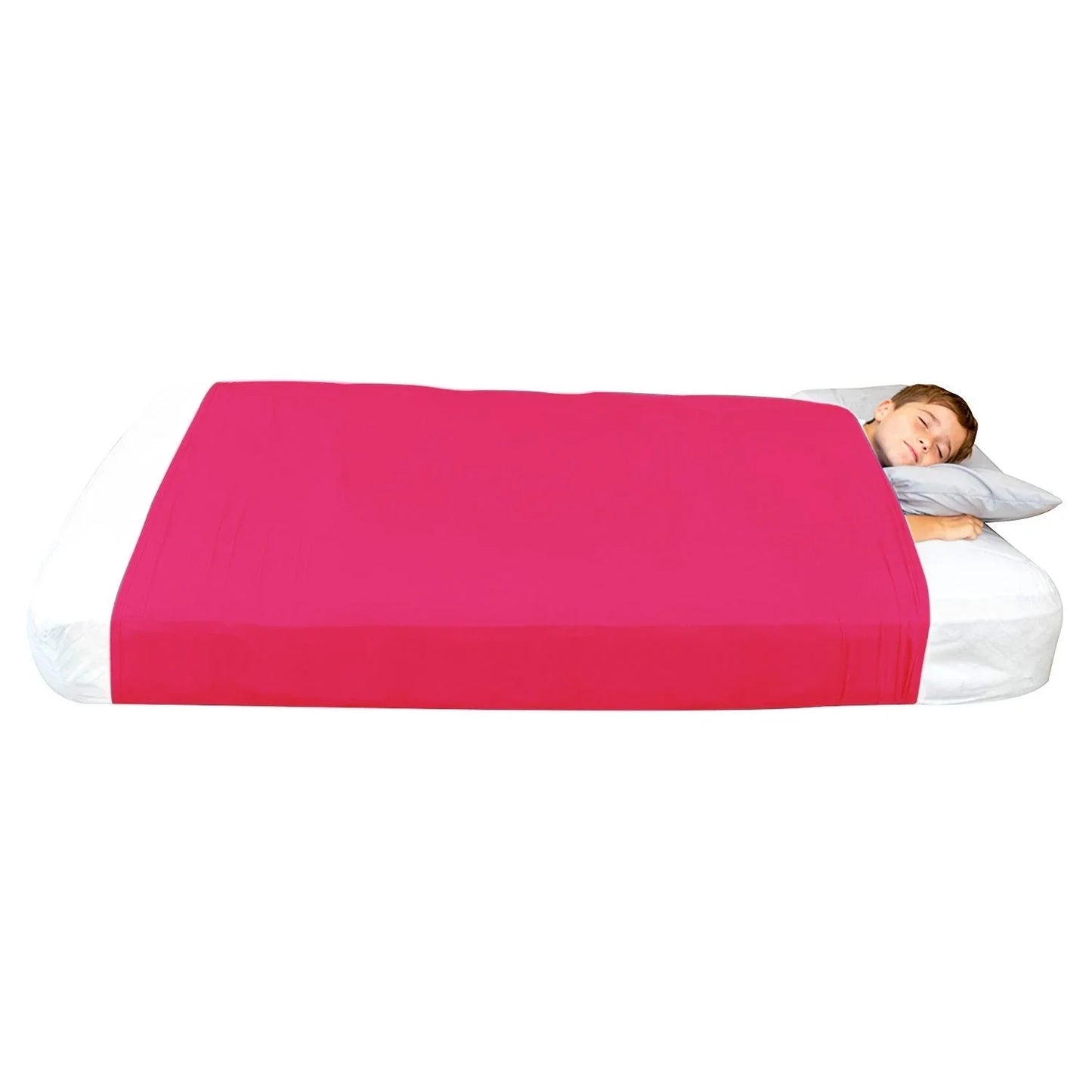 Child sleeping under red sensory compression sheet on bed for calming support