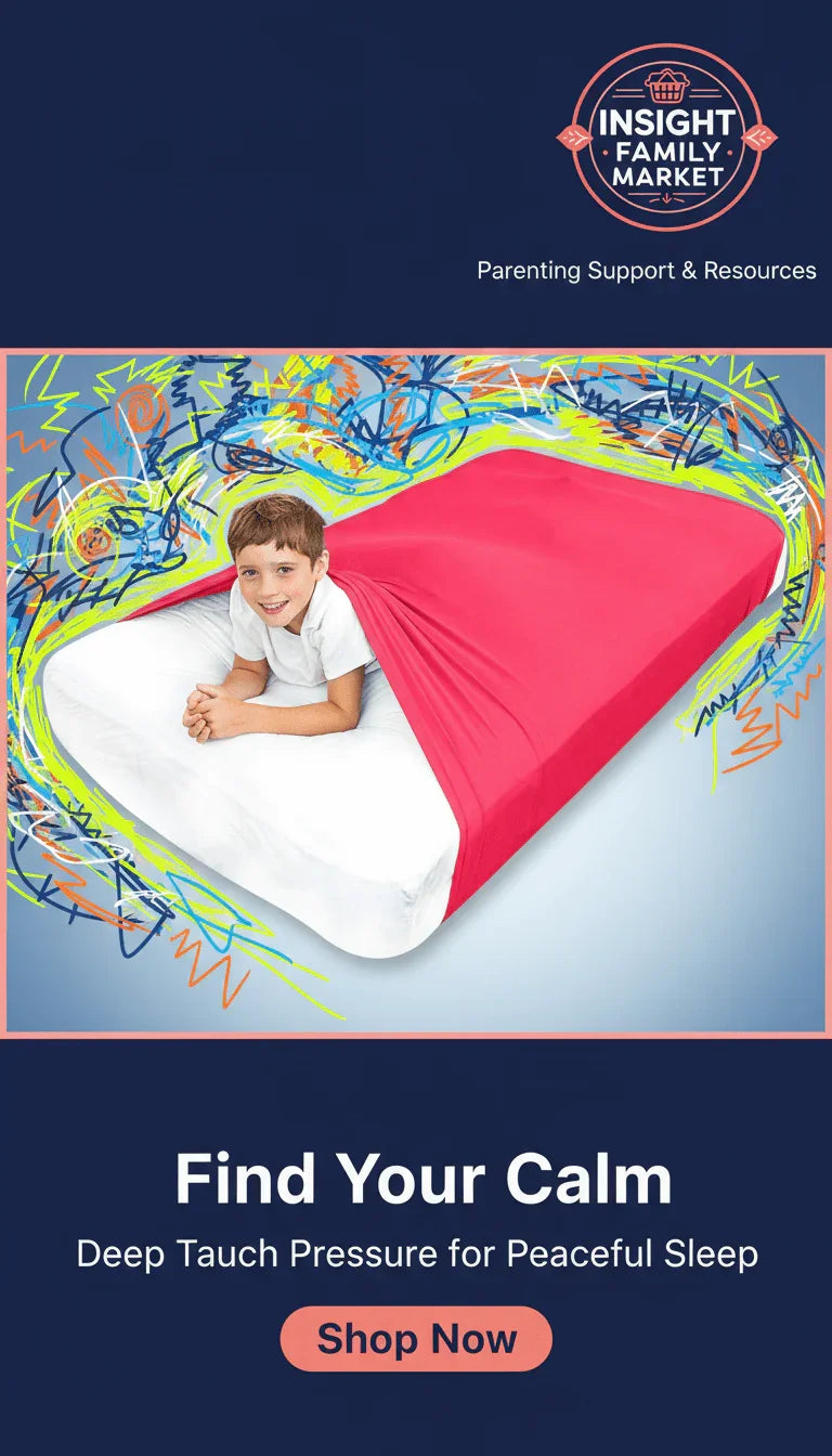 Child under red sensory compression sheet on bed, deep pressure sleep aid for sensory relief