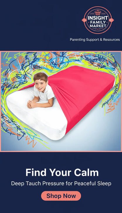 Child under red sensory compression sheet on bed, deep pressure sleep aid for sensory relief