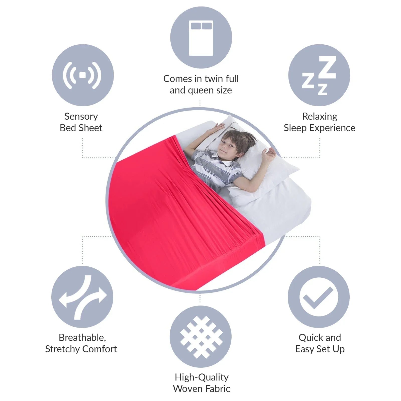 Child using a red sensory bed sheet for kids, breathable, stretchy comfort for better sleep