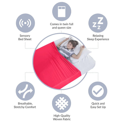 Child using a red sensory bed sheet for kids, breathable, stretchy comfort for better sleep