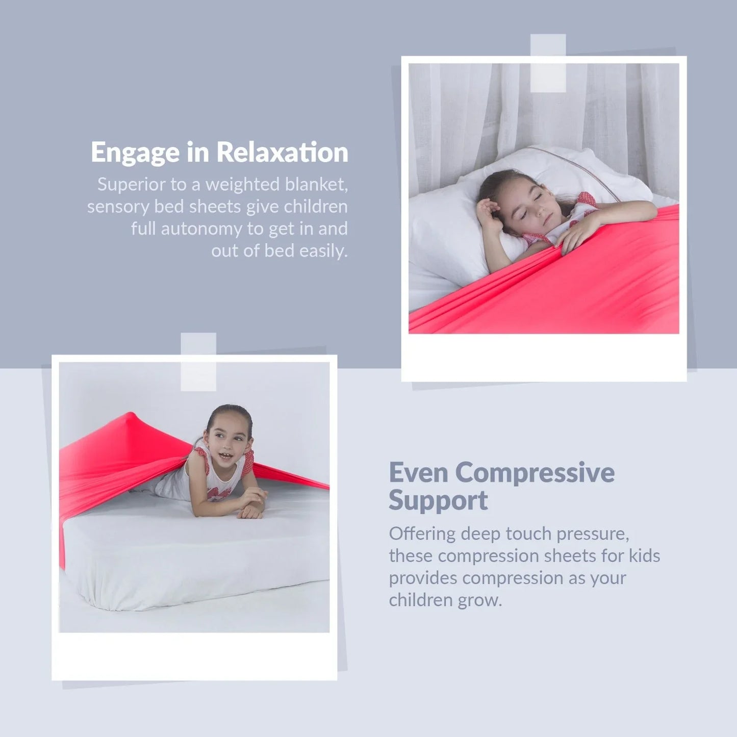 Child using red sensory compression bed sheet, showing relaxation and deep pressure support.