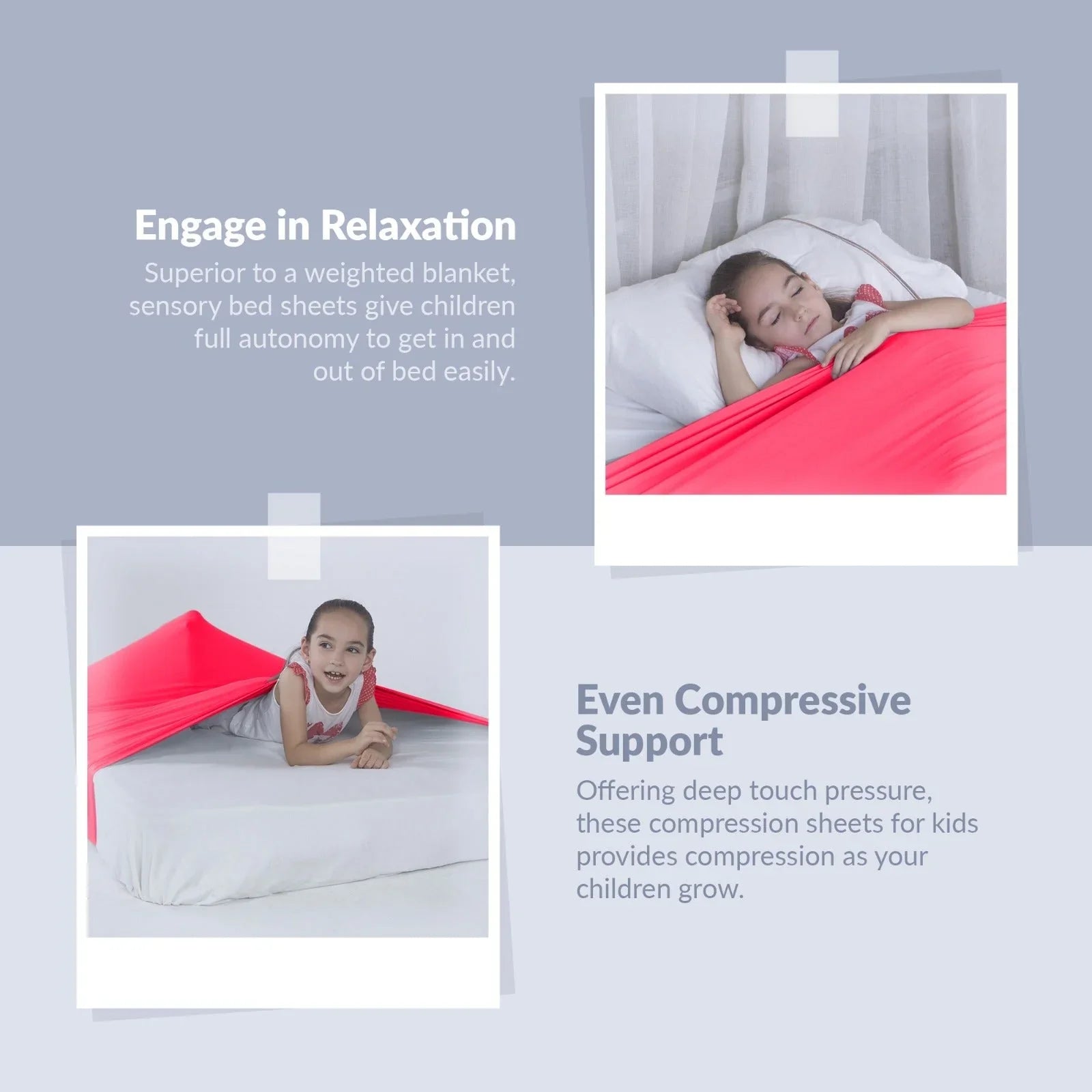 Child using red sensory compression bed sheet, showing relaxation and deep pressure support.