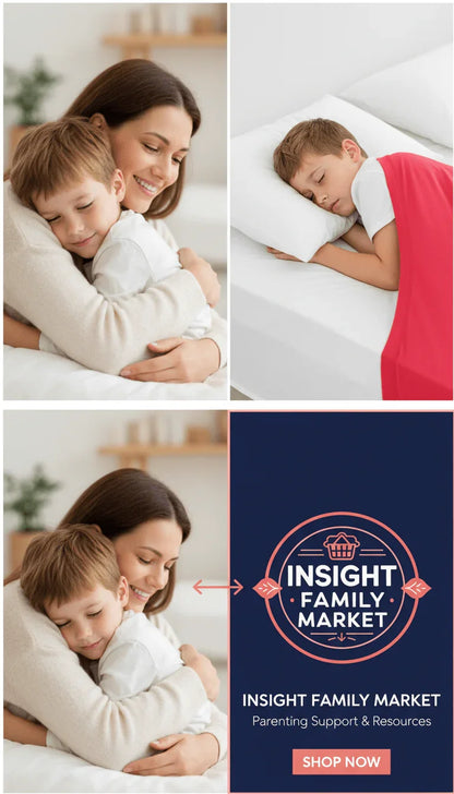 Mother hugging young boy, child sleeps with red sensory blanket, parenting support ad.