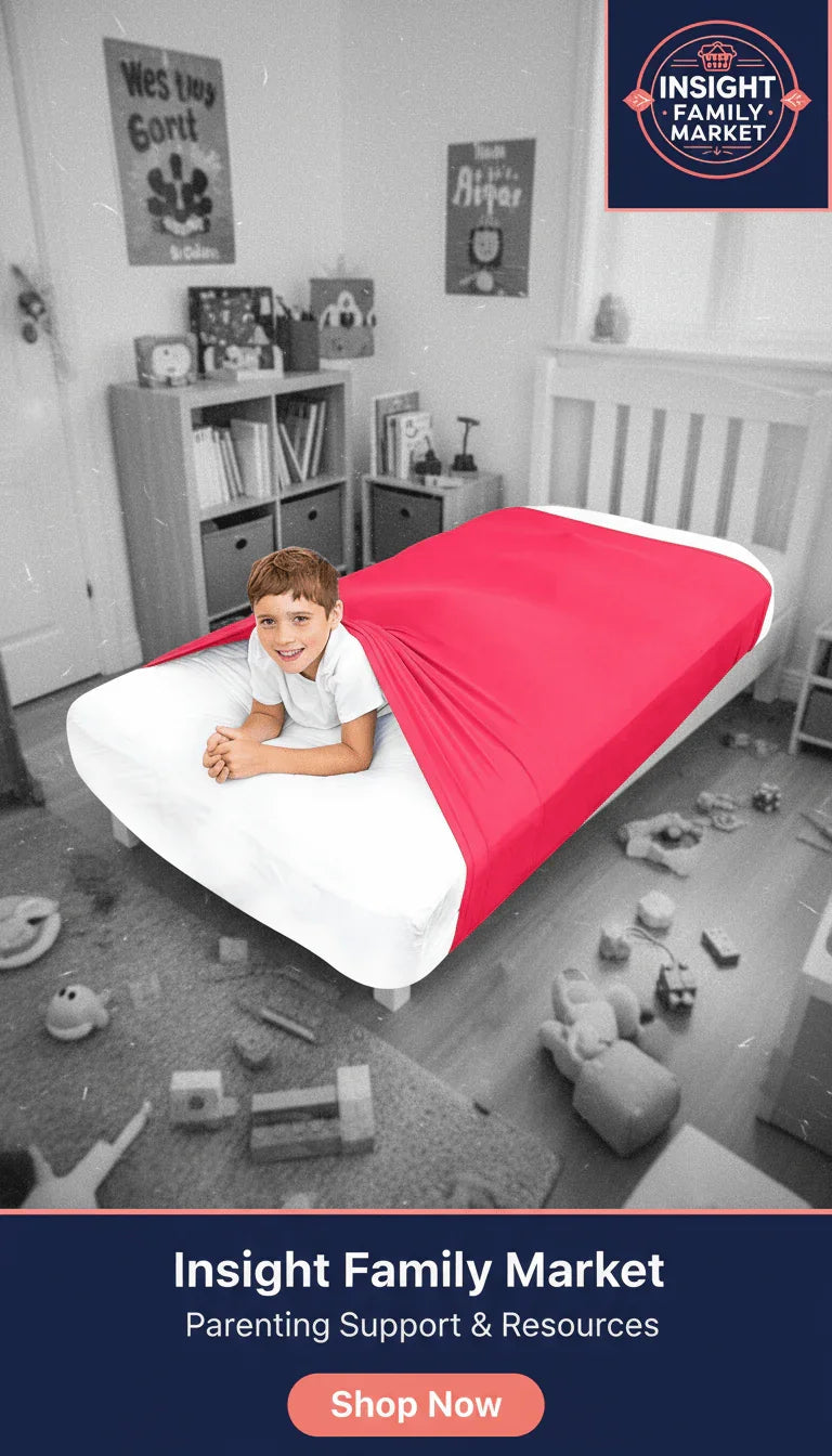 Smiling child lying under a red sensory compression sheet in a cozy, toy-filled bedroom.