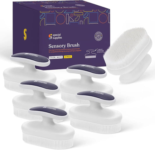 White sensory brushes with ergonomic handles, 6-pack, for sensory therapy support